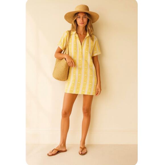 Madison Matthews 100% Cotton Coastal Shirt Dress Yellow White Resort Wear Beach - Picture 3 of 11